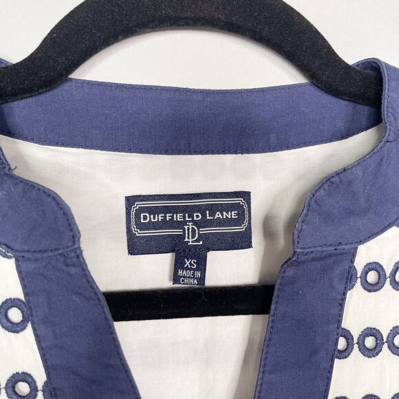 Duffield Lane XS Navy Blue White Striped Eyelet Sleeveless Shift Dress Cotton - Picture 10 of 12